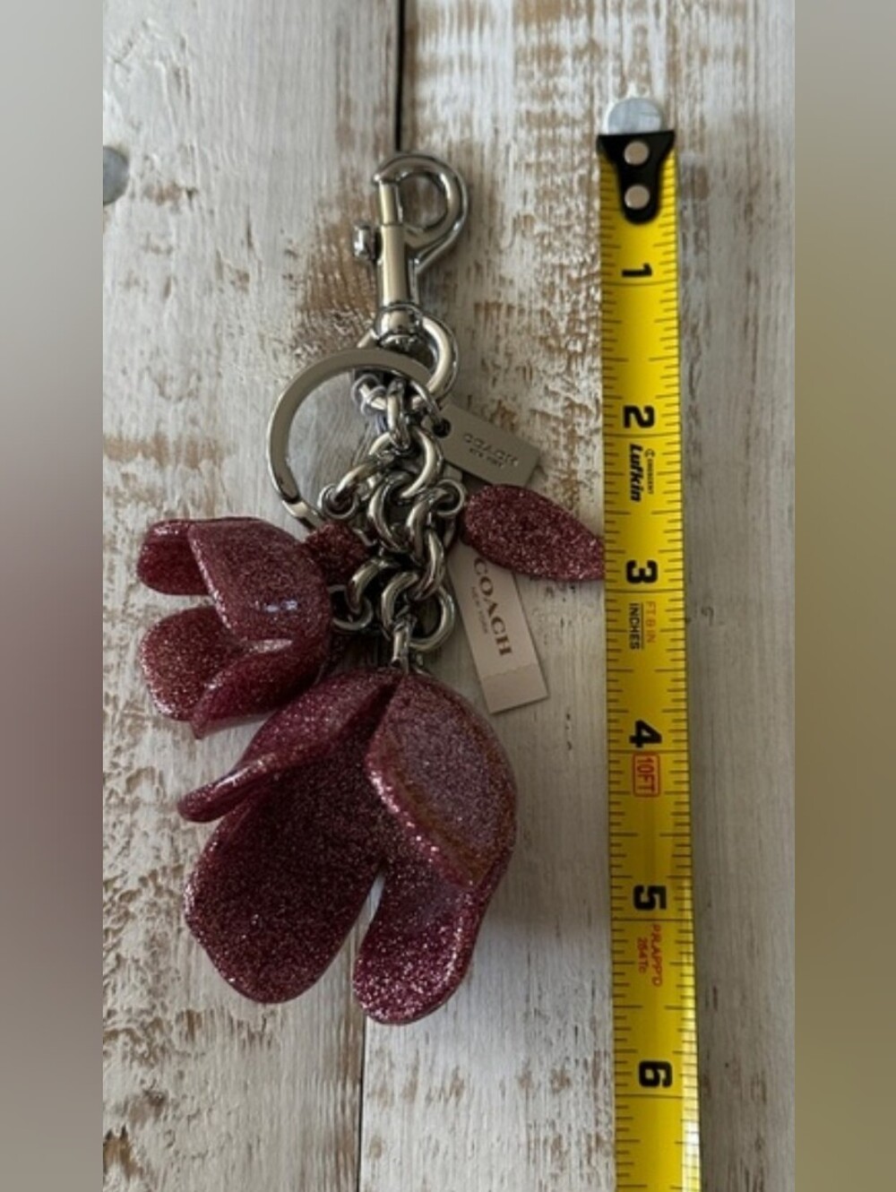 Coach Pink Glitter Floral Keyring Charm with Silver Hardware - Picture 6 of 6